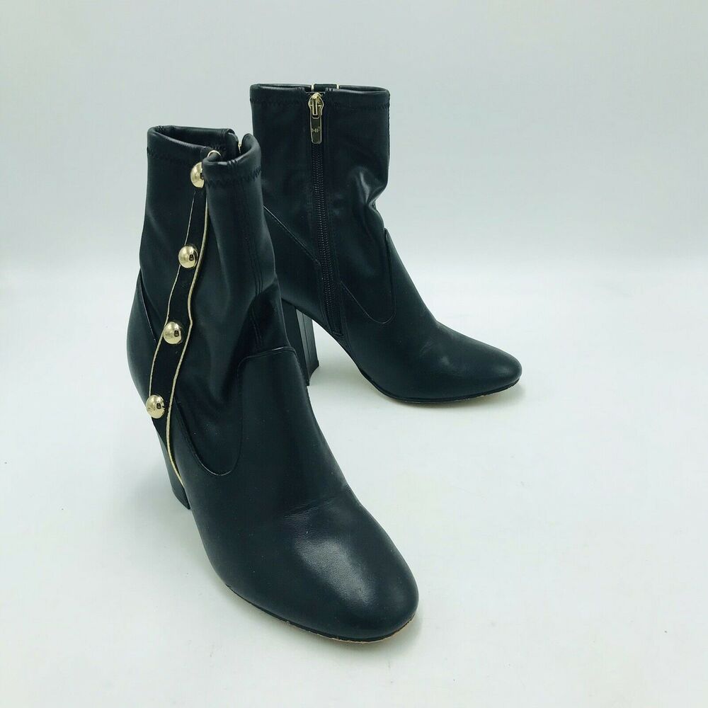 Marc Fisher Women's 6M Ankle Bootie Chelsea Black Gold Studs Zip Up Faux Leather